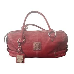 Tignanello Red Pebbled Leather Satchel Bag Silver Hardware Contrast Stitching